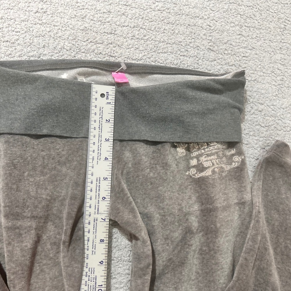 VS Pink Yoga Pants 2005 Velour XS Grey Y2K McBling Flare Foldover Loungewear - Picture 2 of 14